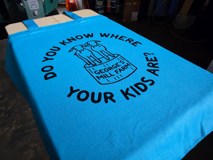 Finished George's Mill Farm tote bag, screen printed by RVA Threads