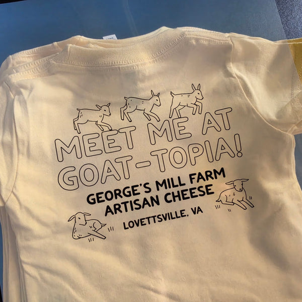 George's Mill Farm Meet Me at Goat-Topia back print in black ink on a cream shirt at RVA Threads screen printing, Virginia