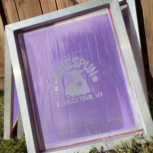 Burned Homespun Charles Town, WV calf screen propped up to dry after washout at RVA Threads screen printing, Virginia