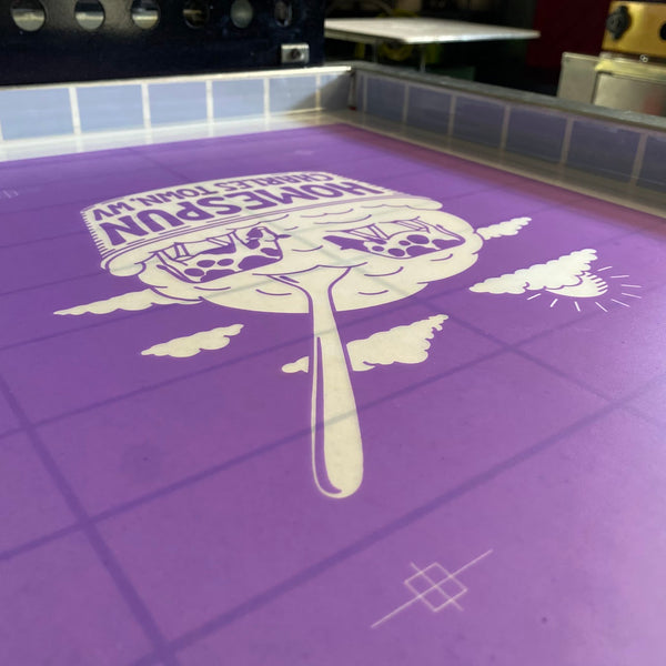 Homespun Charles Town, WV ice cream design burned into a purple emulsion screen at RVA Threads screen printing, Virginia