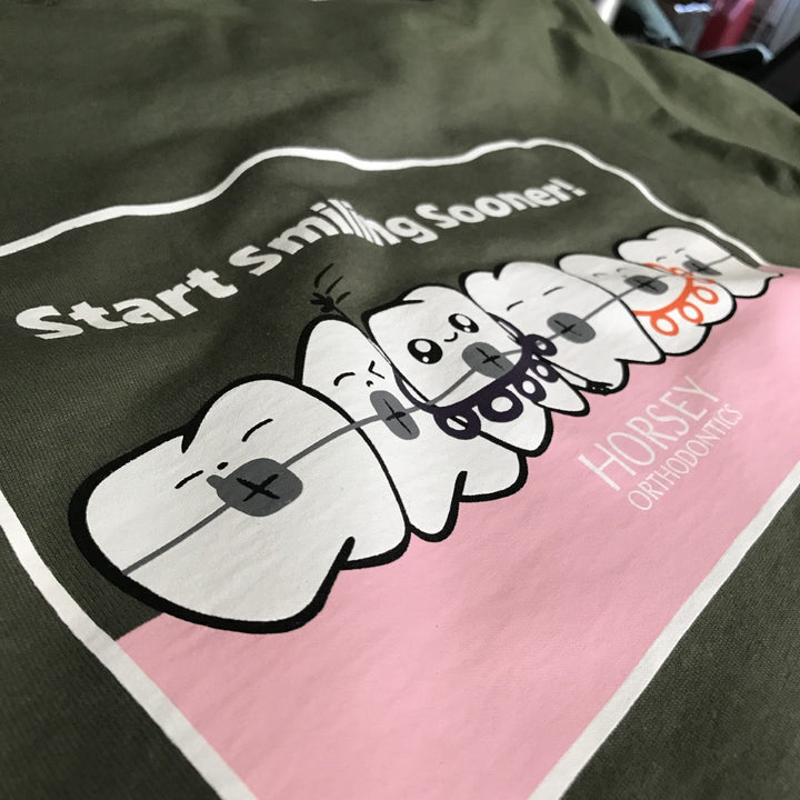 Finished Horsey Orthodontics t-shirt back print, screen printed by RVA Threads