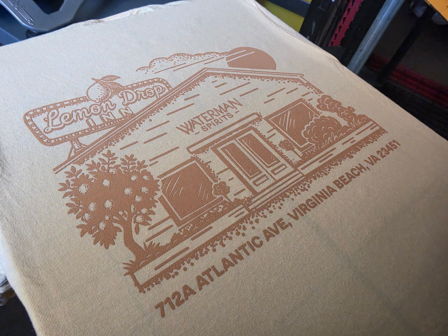 Lemon Drop Inn and Waterman Spirits back print in tonal gold ink on a Butter Comfort Colors 6030 pocket tee at RVA Threads screen printing, Virginia