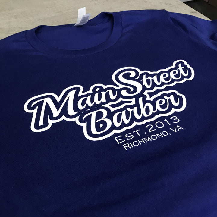 Finished Main Street Barber t-shirt, screen printed by RVA Threads