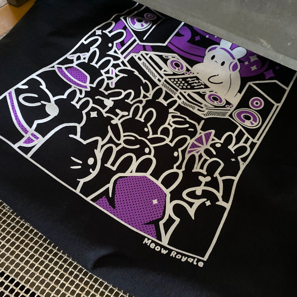 Meow Royale DJ bunny design in purple and white ink on a black tee on the pallet, close up at RVA Threads screen printing, Virginia