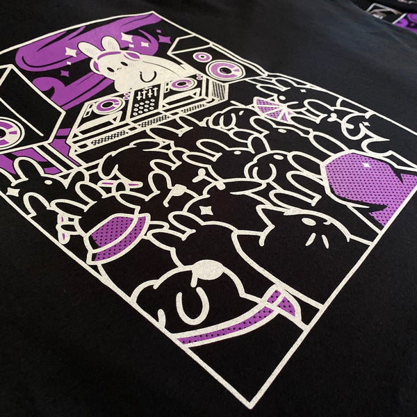 Meow Royale DJ bunny design in purple and white ink on a black tee, full print view at RVA Threads screen printing, Virginia