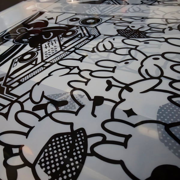 Close up of the Meow Royale DJ Rabbit film positives with the bunny crowd linework and halftones at RVA Threads screen printing, Virginia