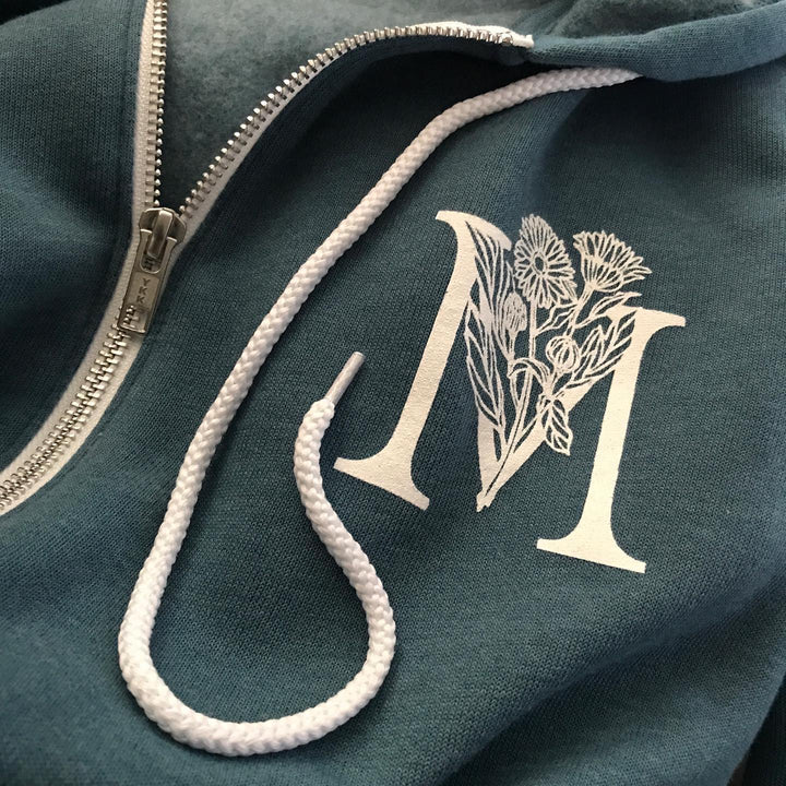 Finished The Mercantile zip hoodie, screen printed by RVA Threads