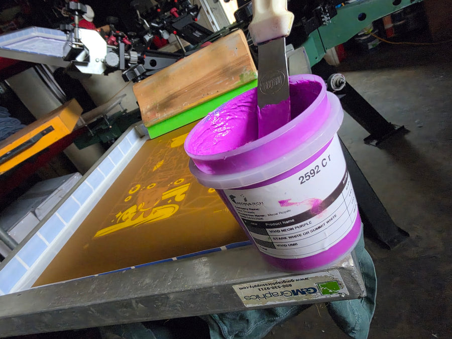 Tub of Monarch plastisol ink mixed to Pantone 2592 C purple for the Meow Royale DJ Rabbit print at RVA Threads screen printing, Virginia