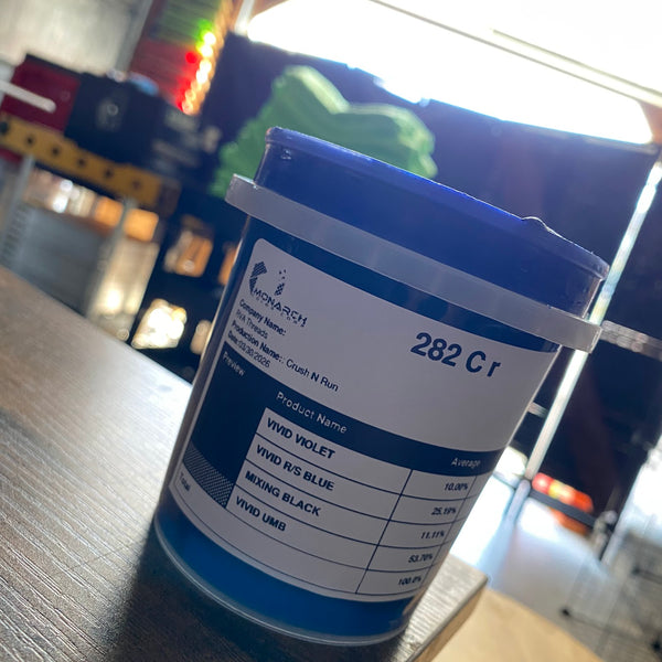 Tub of custom mixed Pantone 282 C navy ink labeled for the Crush N' Run job at RVA Threads screen printing, Virginia