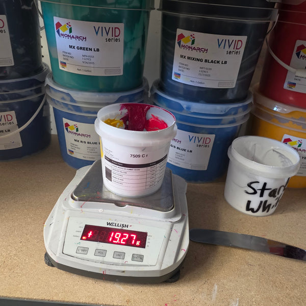 Pantone 7509 C ink mixed for the Lemon Drop Inn tees in a cup on a digital scale at RVA Threads screen printing, Virginia