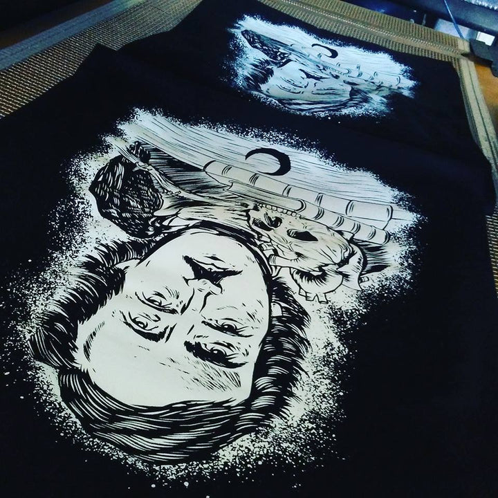 Finished Four-Eyed Poe t-shirt, screen printed by RVA Threads