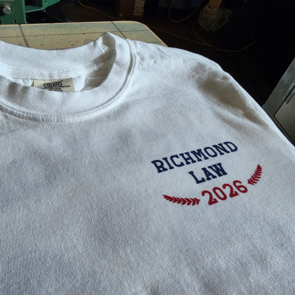 Richmond Law 2026 left chest print in navy and red ink on a white Comfort Colors 1717 tee at RVA Threads screen printing, Virginia