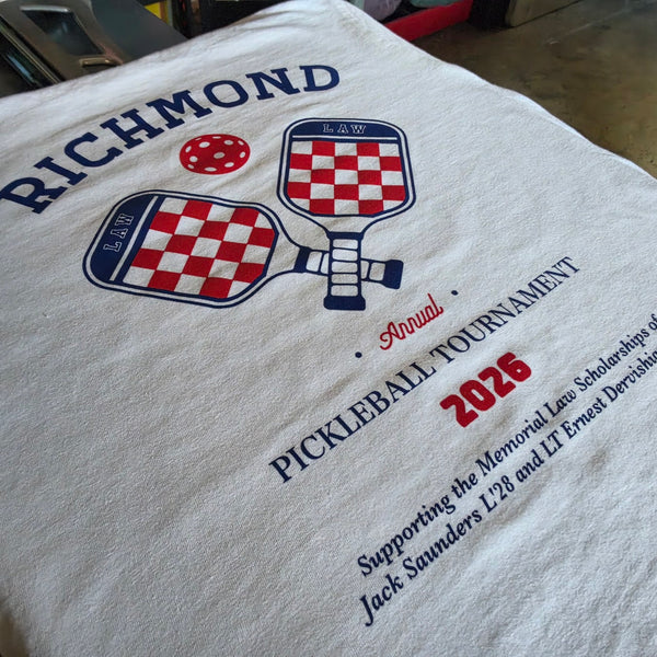Richmond Law Pickleball Tournament 2026 back print in navy and red on a white Comfort Colors 1717 tee at RVA Threads screen printing, Virginia