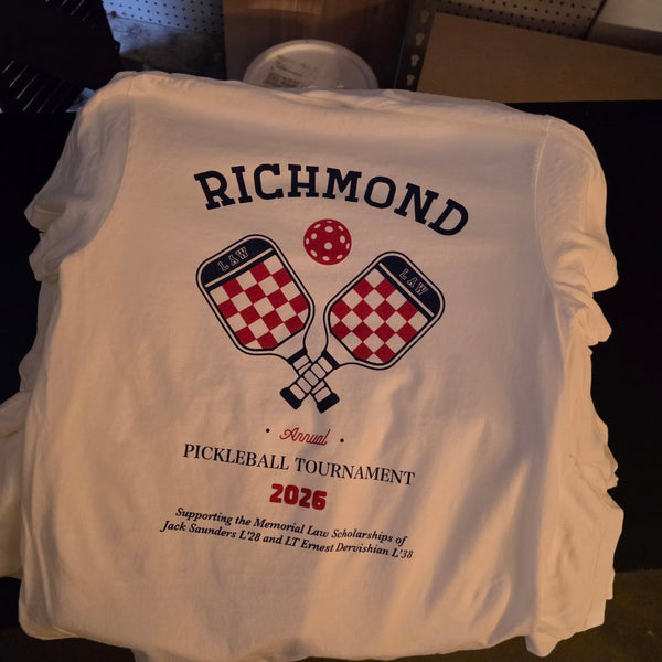 Richmond Law Pickleball Tournament back print in navy and red on a stack of white Comfort Colors 1717 tees at RVA Threads screen printing, Virginia