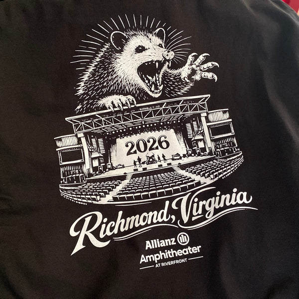 Richmond, Virginia 2026 opossum design for Allianz Amphitheater in white ink on a black tee at RVA Threads screen printing, Virginia