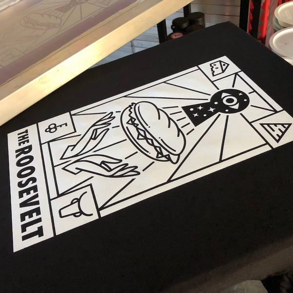 The Roosevelt sandwich card design in white ink on a black tee at RVA Threads screen printing, Virginia