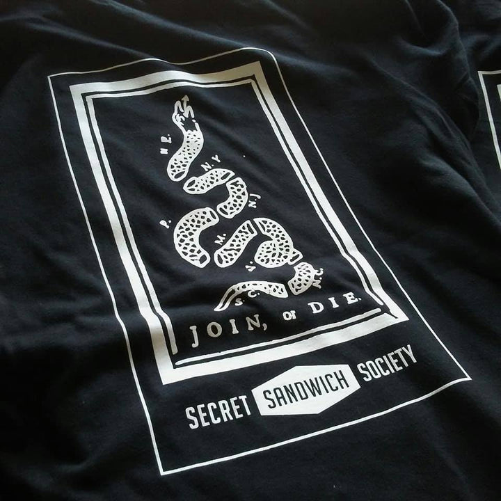 Finished Secret Sandwich Society t-shirt back print, screen printed by RVA Threads