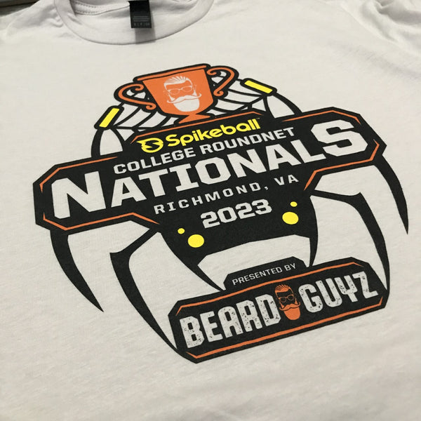 Spikeball College Roundnet Nationals Richmond, VA 2023 Beard Guyz design on a white tee at RVA Threads screen printing, Virginia