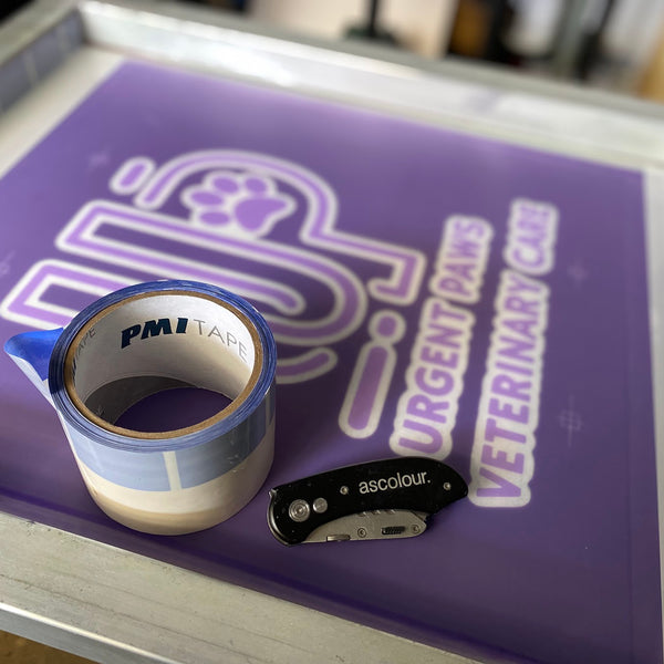 Urgent Paws Veterinary Care screen taped and ready on the press at RVA Threads screen printing, Virginia