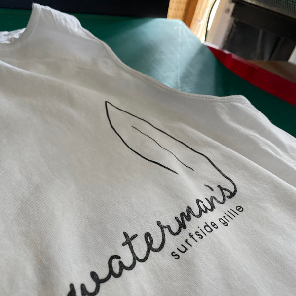 Waterman's Surfside Grille script logo in black ink on a white tee at RVA Threads screen printing, Virginia