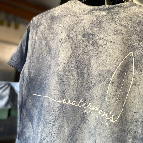 Waterman's Surfside Grille script logo in white ink on a cloud dye gray tee at RVA Threads screen printing, Virginia