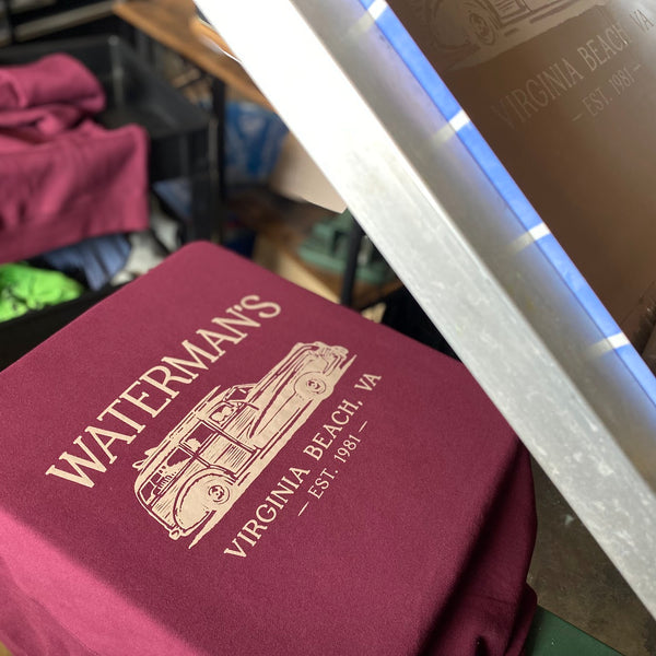 Waterman's Virginia Beach woody wagon design in white ink on a maroon sweatshirt at RVA Threads screen printing, Virginia