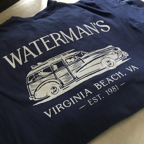 Waterman's Virginia Beach woody wagon design in white ink on a navy tee at RVA Threads screen printing, Virginia
