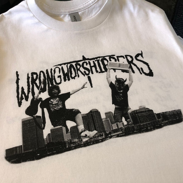 Wrongworshippers skyline photo design in black ink on a white tee at RVA Threads screen printing, Virginia